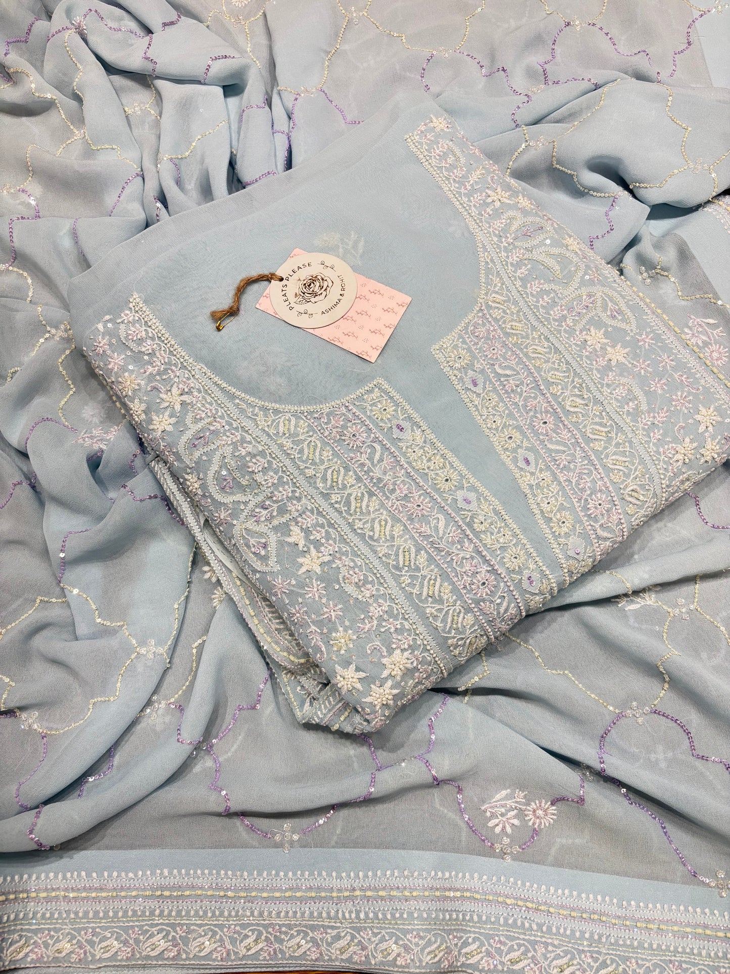 Light Blue Pure Georgette Chikankari Kurta and Dupatta Fabric