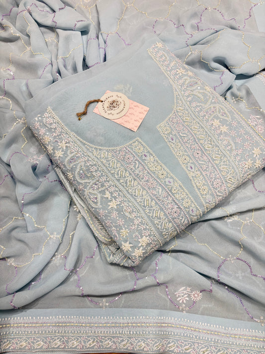 Light Blue Pure Georgette Chikankari Kurta and Dupatta Fabric
