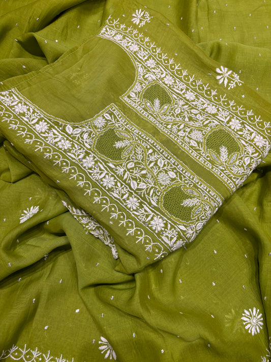 Chartreuse Green Chanderi Mul Chikankari Kurta and Dupatta