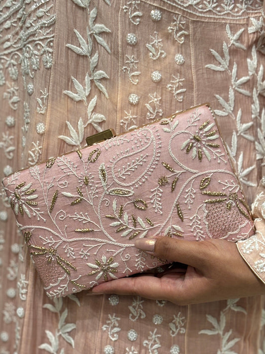 Soft Pink Silk Chikankari Clutch