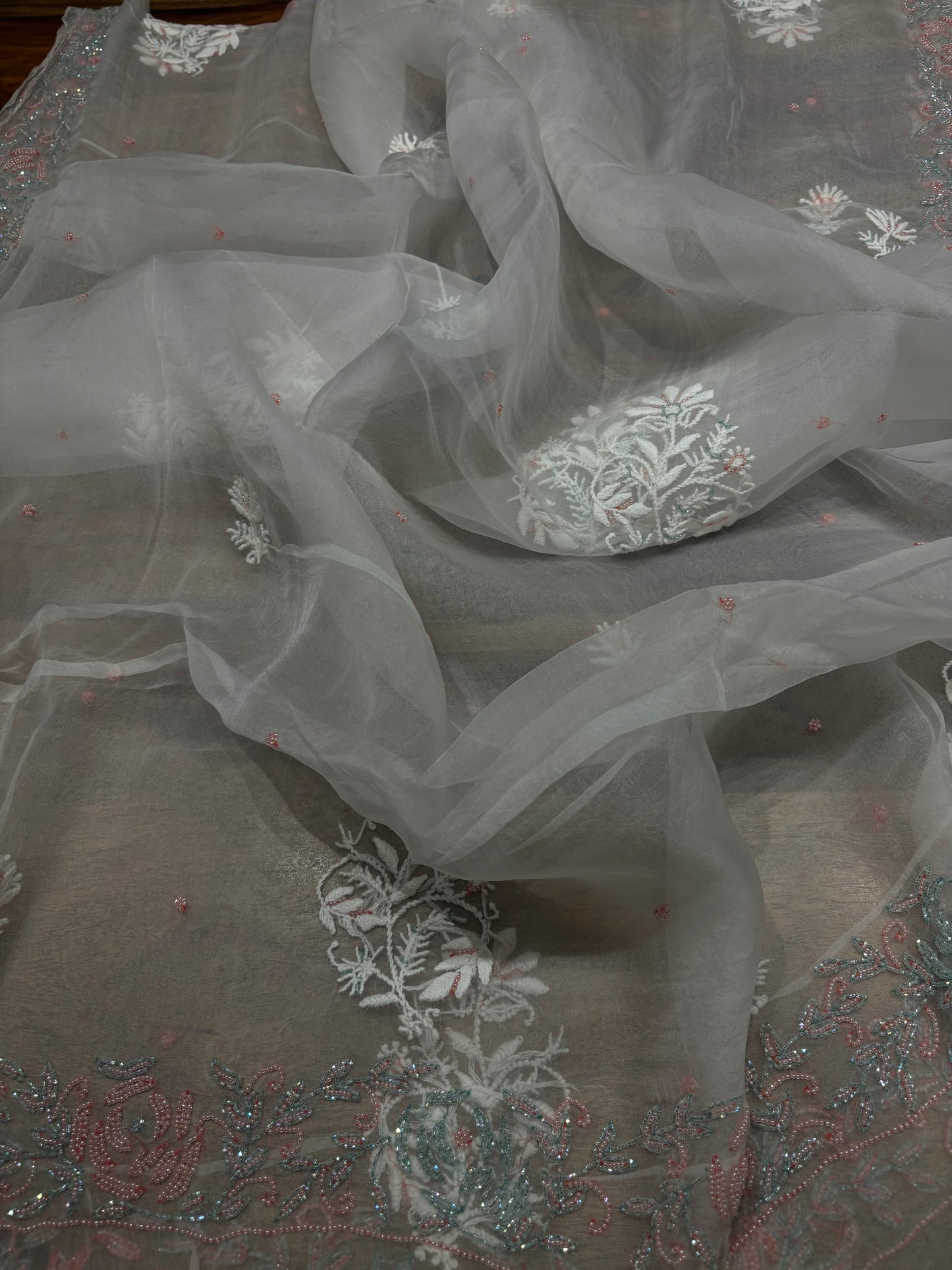 Dyeable Organza Silk Chikankari Kurta and Dupatta Fabric