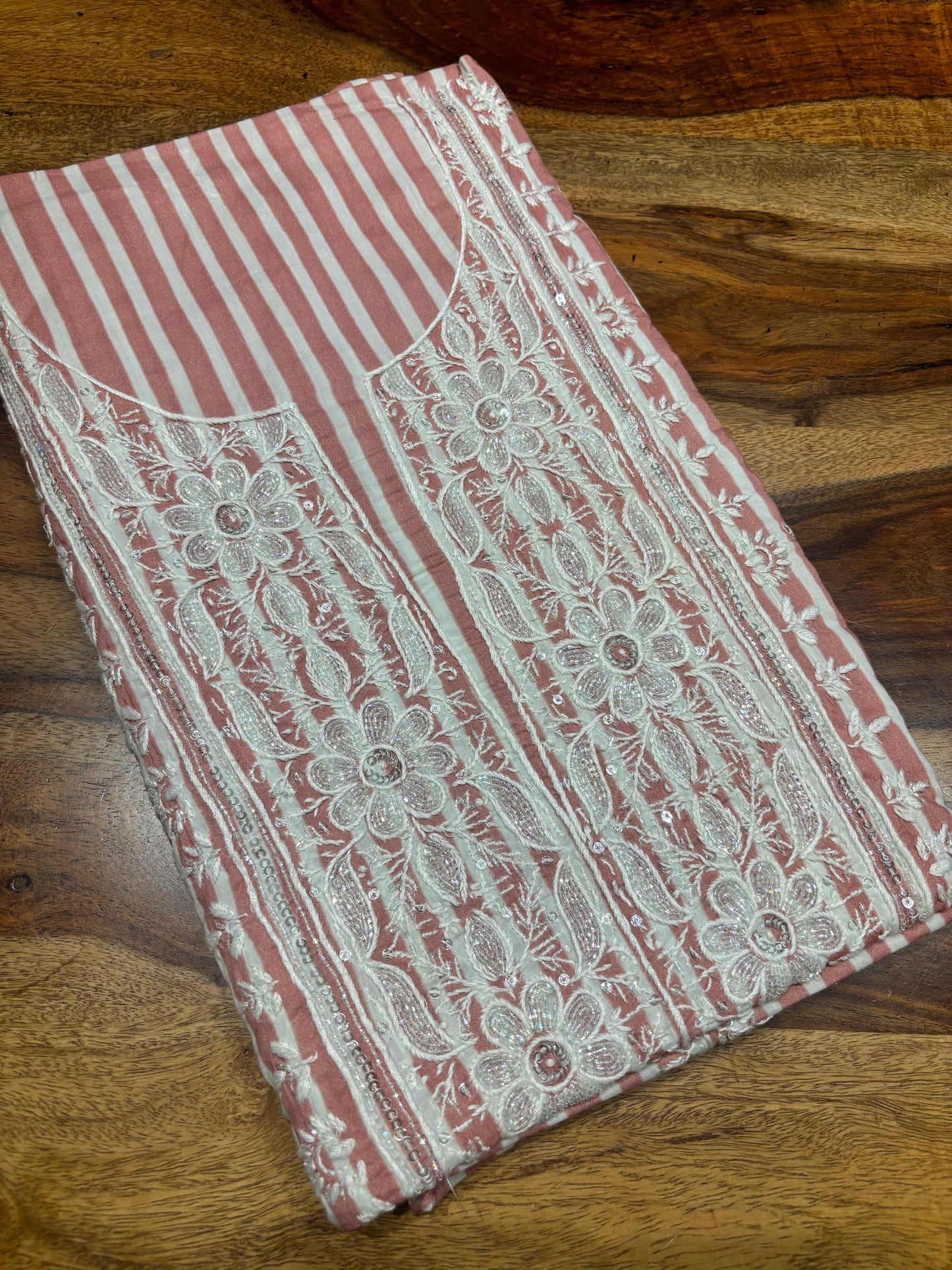 Brick Stripe Mul Chikankari Kurta Fabric