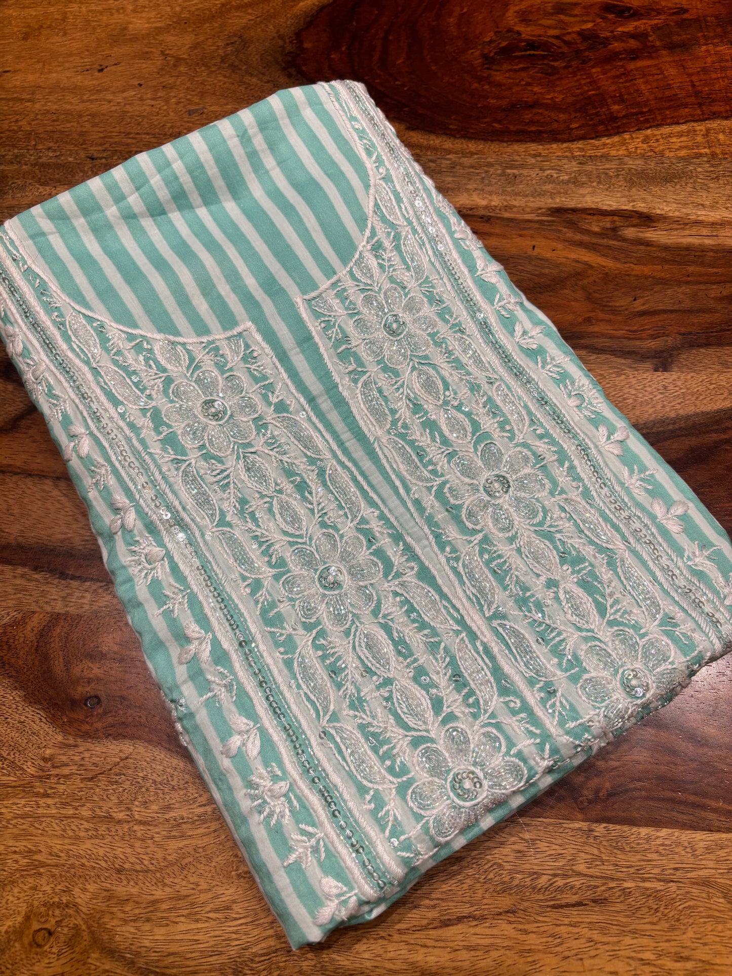 Sea Foam Green Stripe Mul Chikankari Kurta Fabric