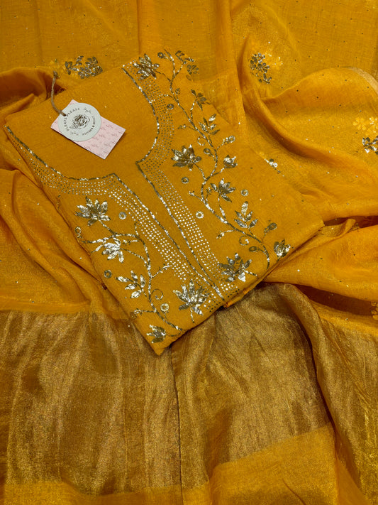 Mustard Yellow Pure Tissue Badla Kurta and Dupatta Fabric