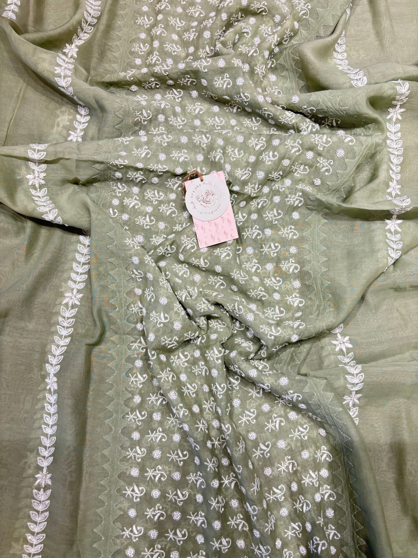 Pastel Olive Chanderi Mul Chikankari Anarkali and Dupatta