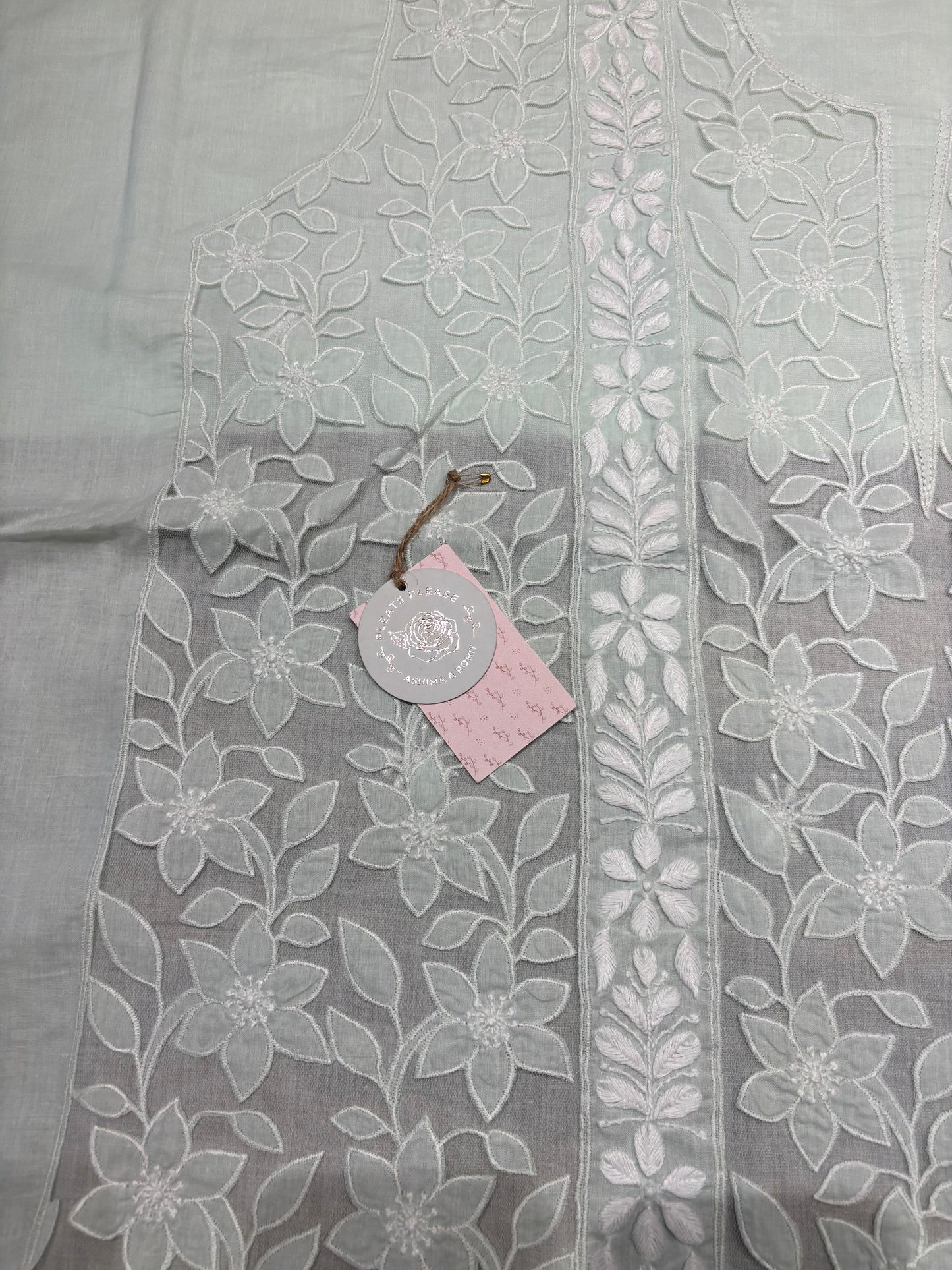 Sage Green Mul Soft Net Applique Chikankari Kurta and Dupatta Fabric