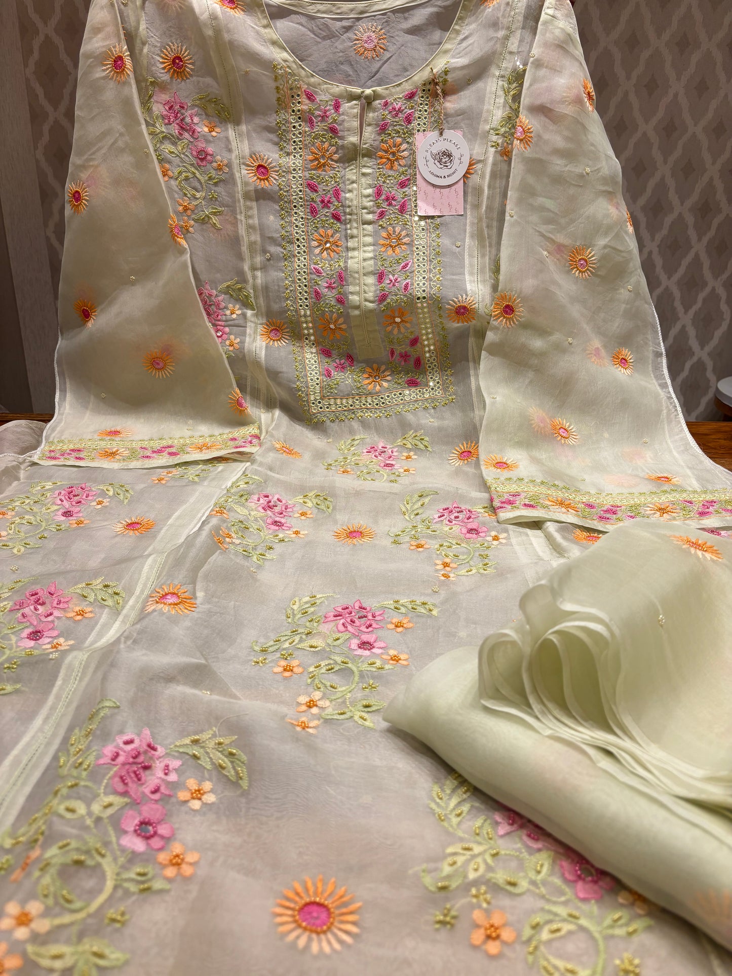 Dyeable Organza Silk Chikankari Kurta and Dupatta