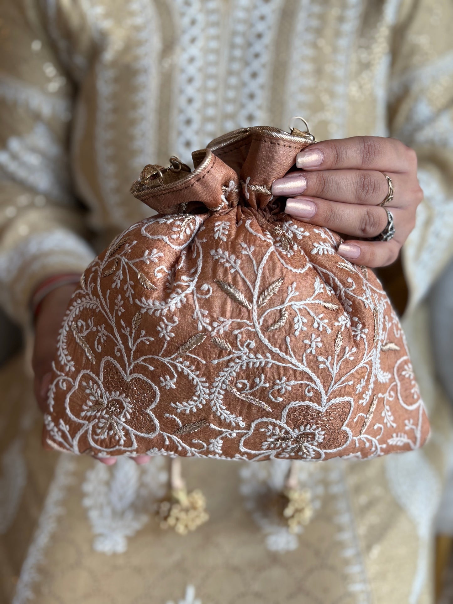 Chocolate Silk Chikankari Potli