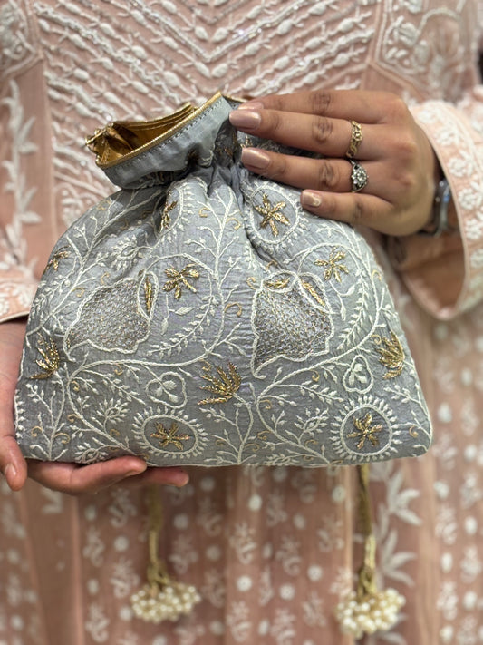 Ice Blue Silk Chikankari Potli