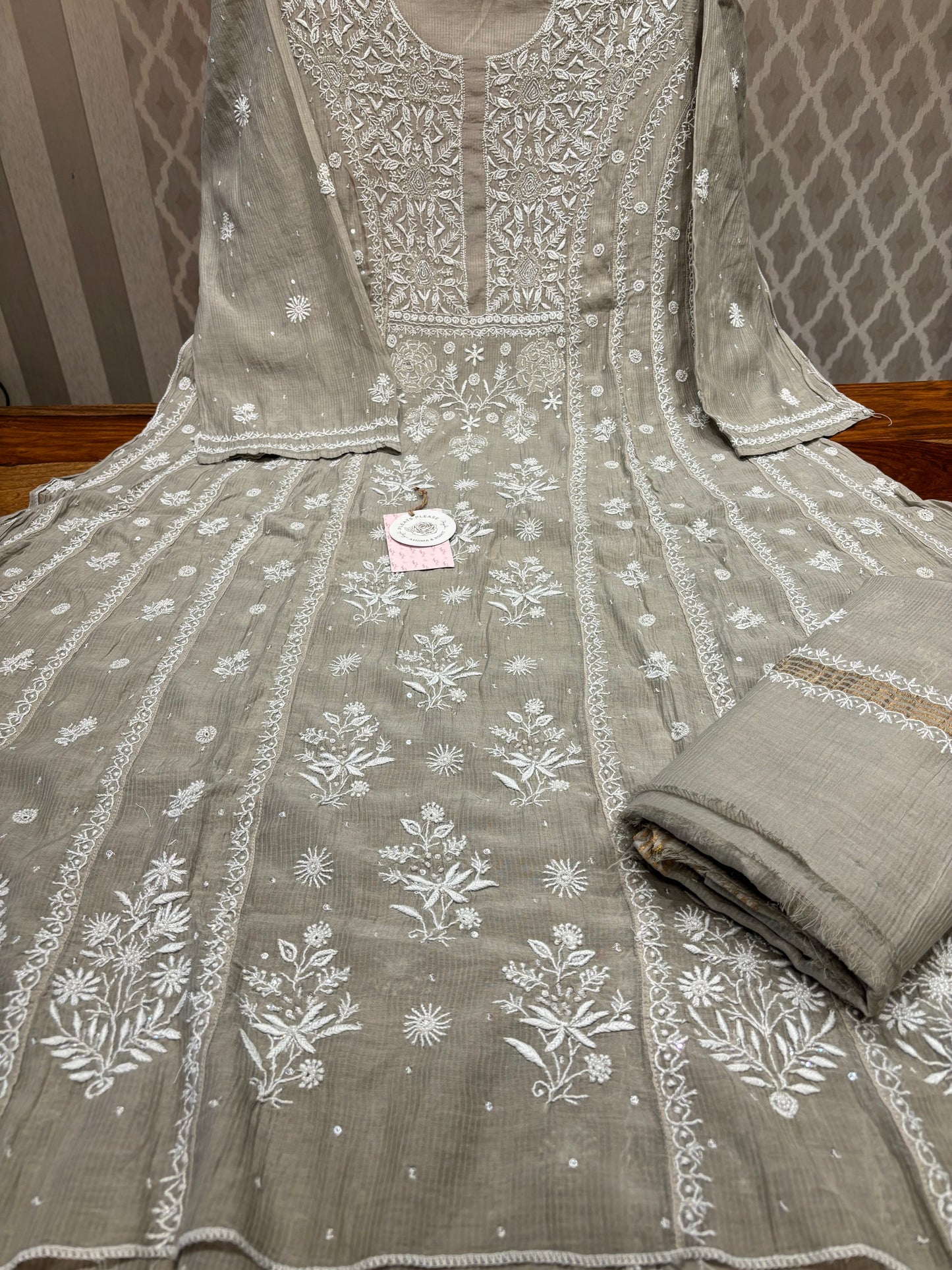Green Tint Chanderi Maheshwari Anarkali and Dupatta set