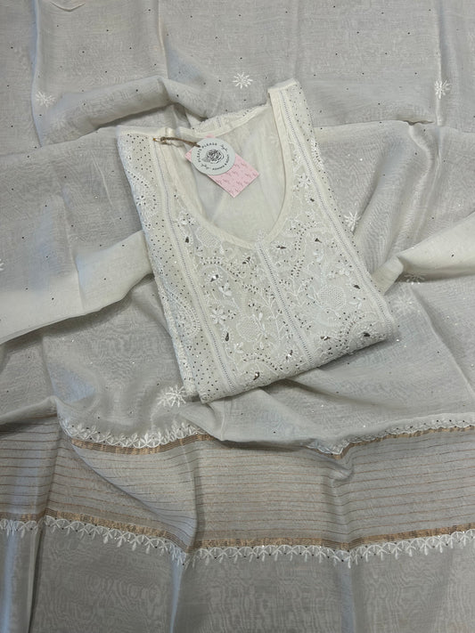 Dyeable Chanderi Mul Chikankari Kurta and Dupatta Fabric