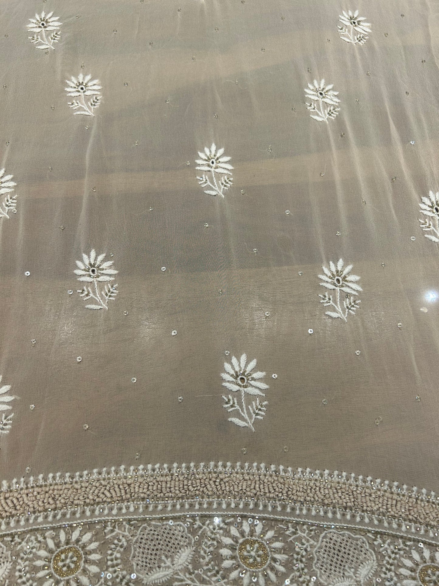 Coffee Cream Pure Georgette Chikankari Kurta And Dupatta Fabric