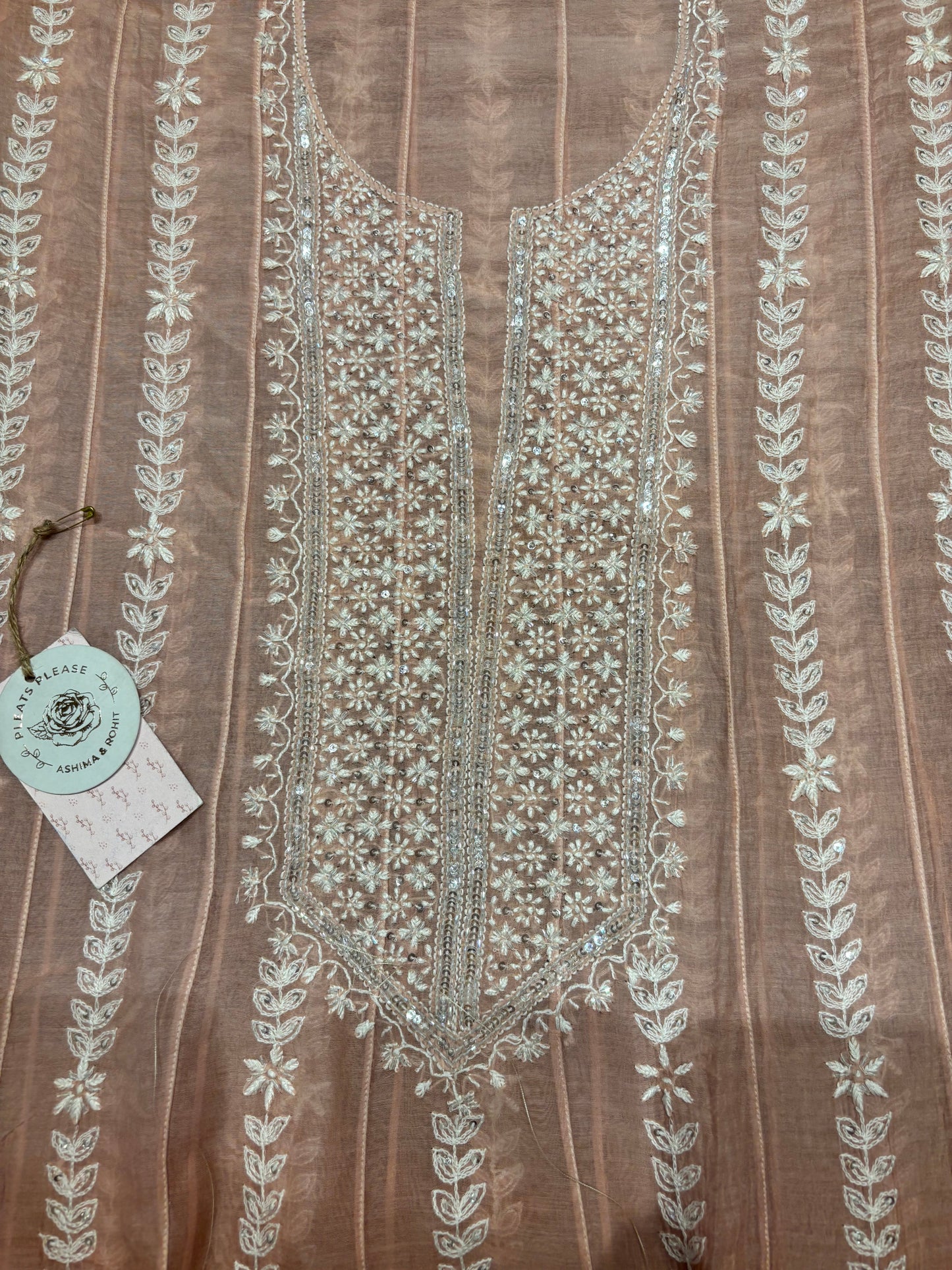 Rose Gold Ombre Chanderi Mul Chikankari Kurta And Dupatta Set