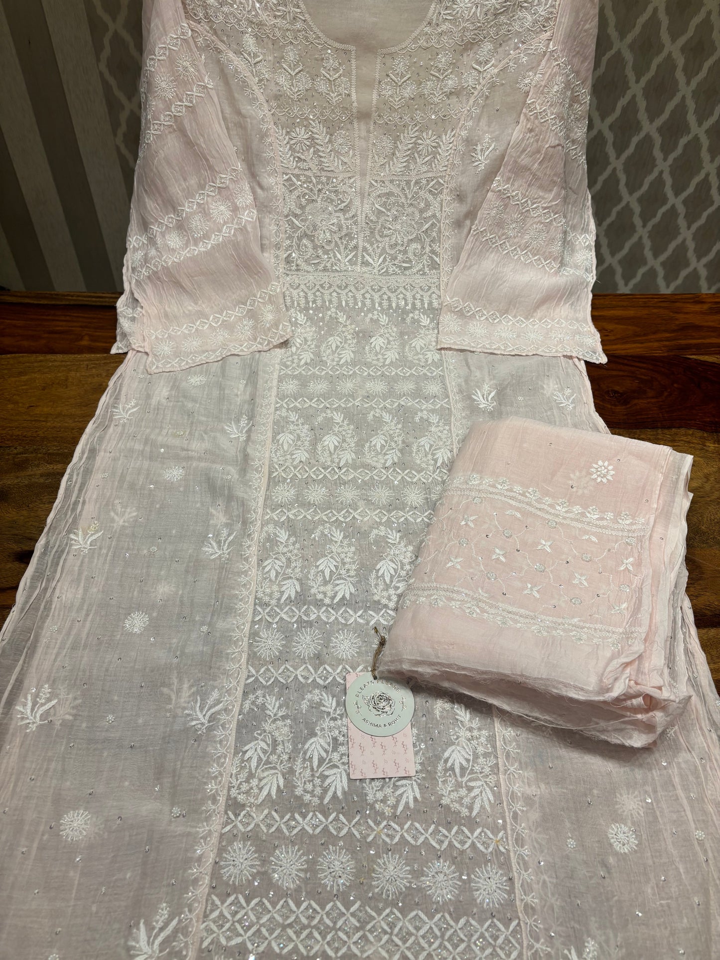 Rosé Cloud Chanderi Mul Chikankari Straight Kurta And Dupatta Set