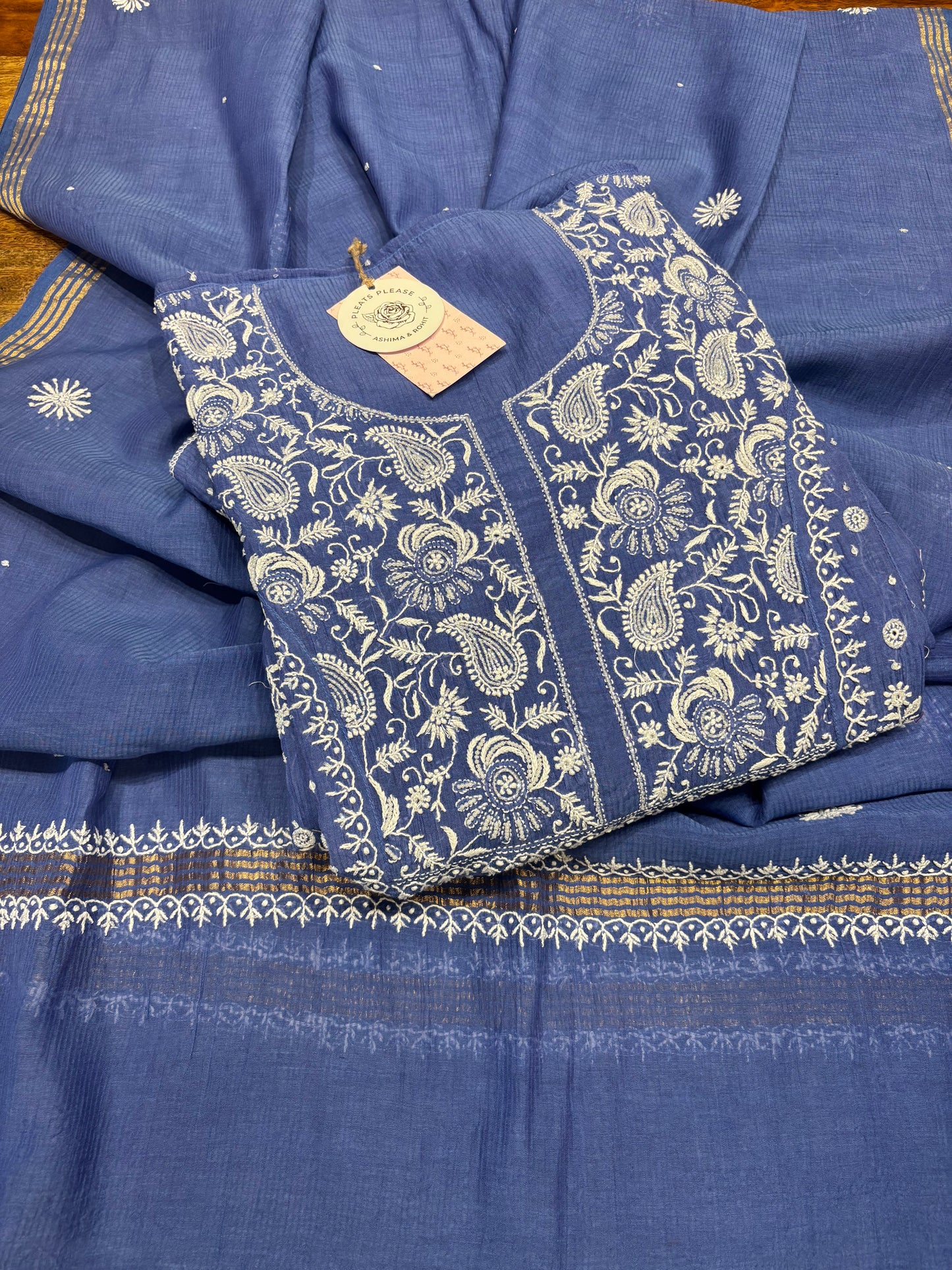 Blue Chanderi Mul Chikankari Anarkali and Dupatta