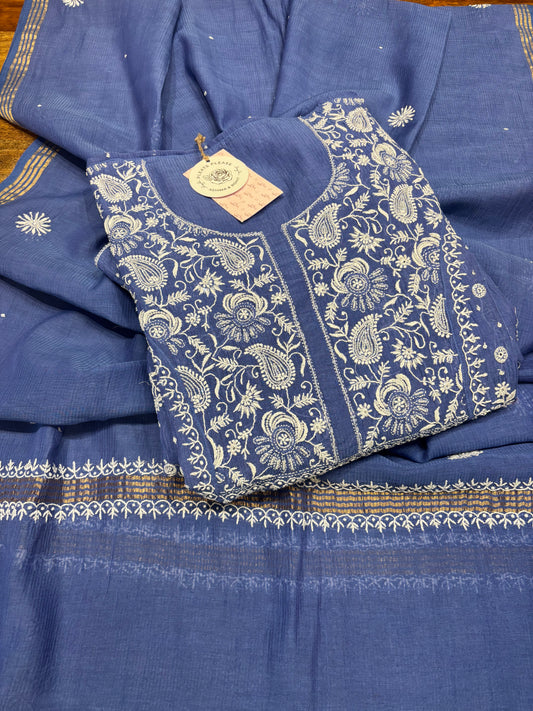 Blue Chanderi Mul Chikankari Anarkali and Dupatta