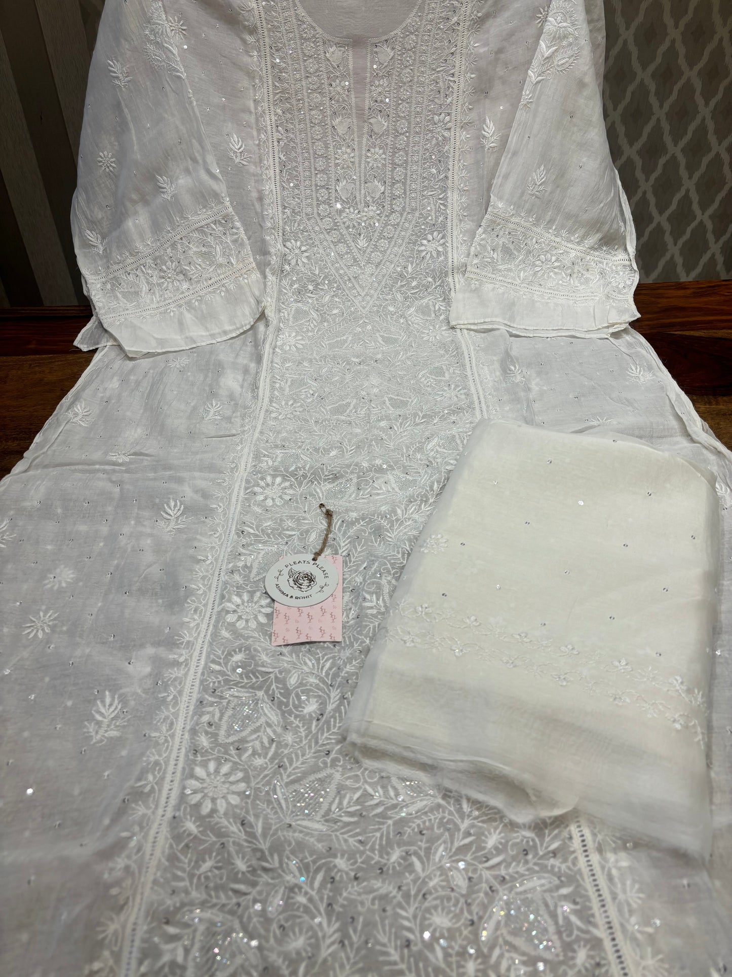 Dyeable Chanderi mul Chikankari Kurta and Dupatta set
