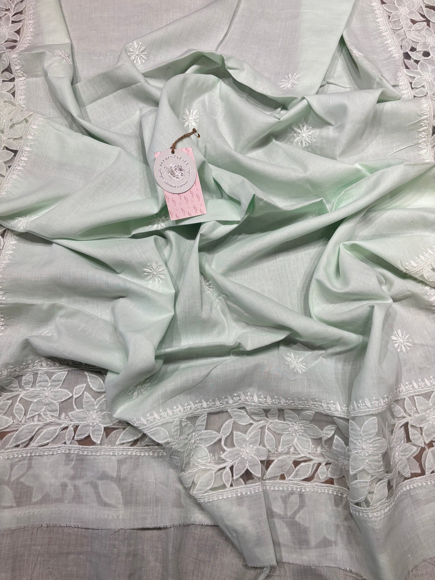 Sage Green Mul Soft Net Applique Chikankari Kurta and Dupatta Fabric