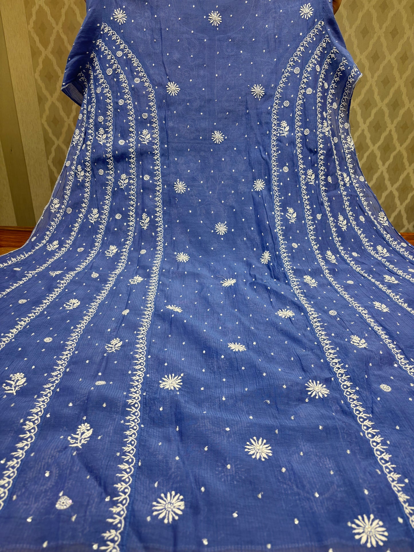 Blue Chanderi Mul Chikankari Anarkali and Dupatta