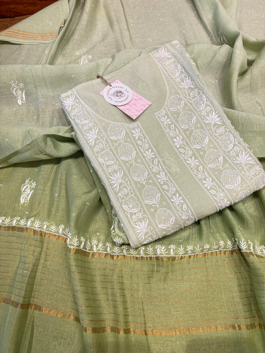 Mint Green Ombre Chanderi Mul Chikankari Anarkali and Dupatta