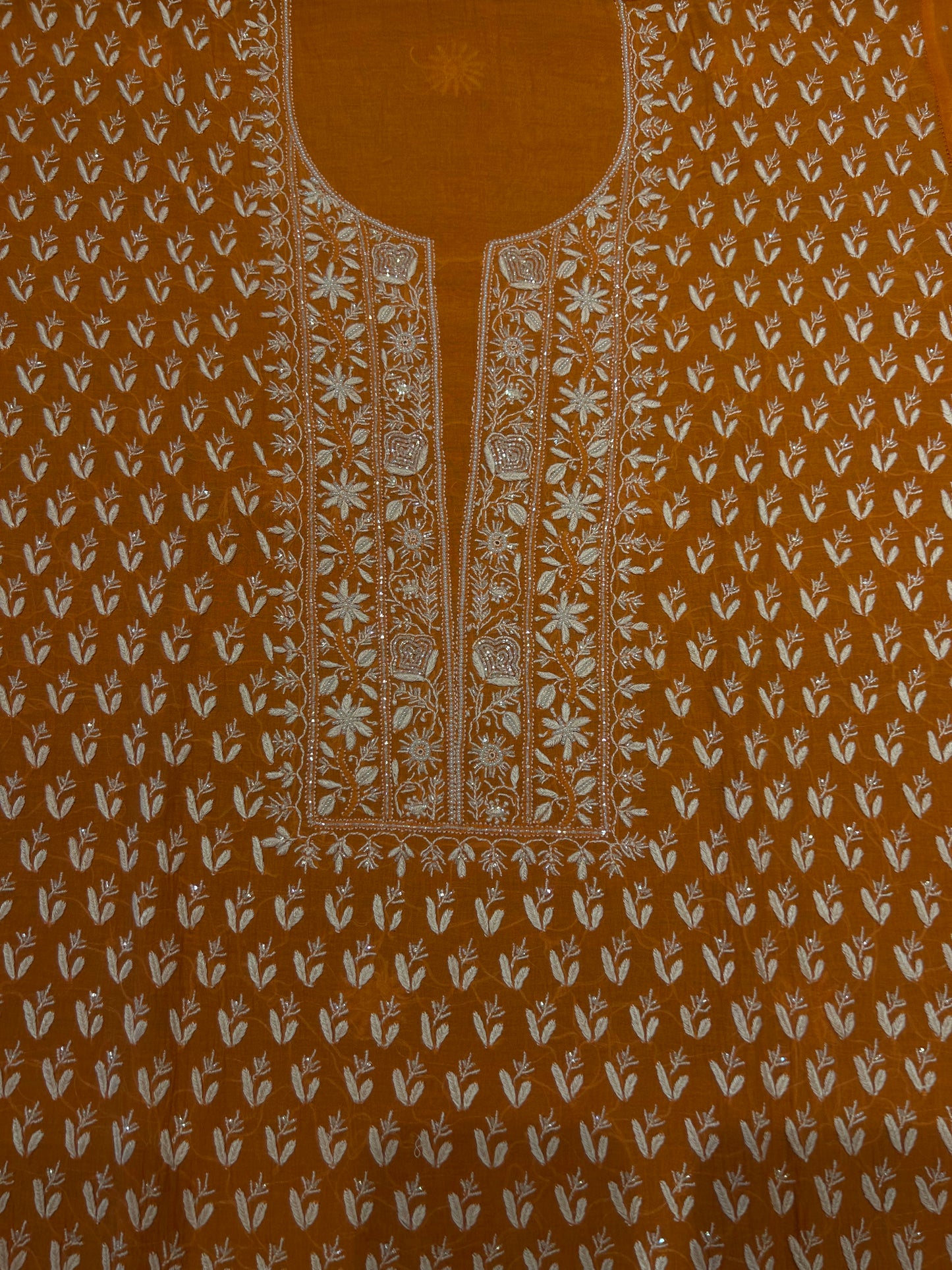 Carrot Orange Chanderi Mul Chikankari Kurta and Dupatta