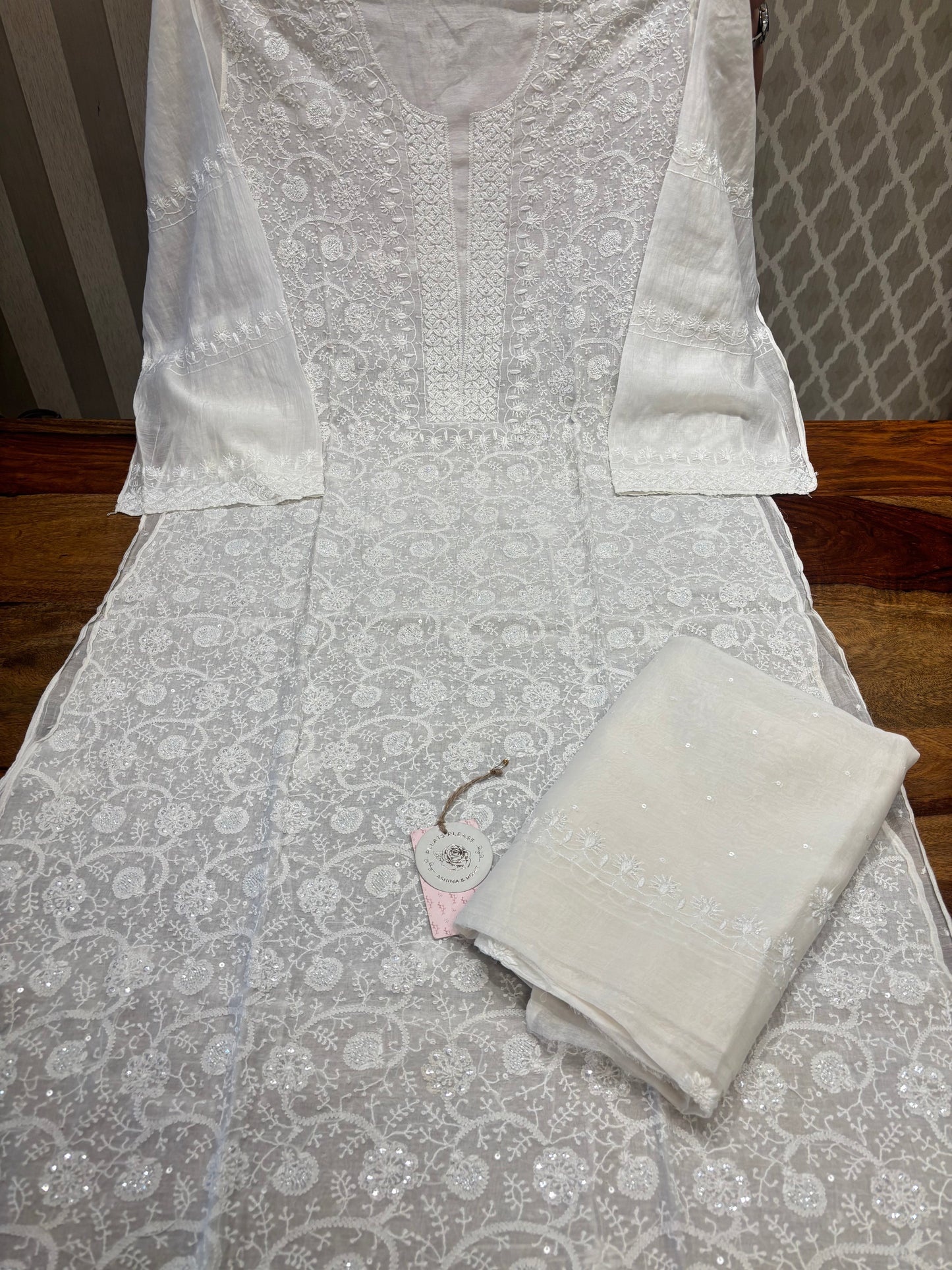 Dyeable Chanderi Mul Chikankari Kurta and Dupatta set