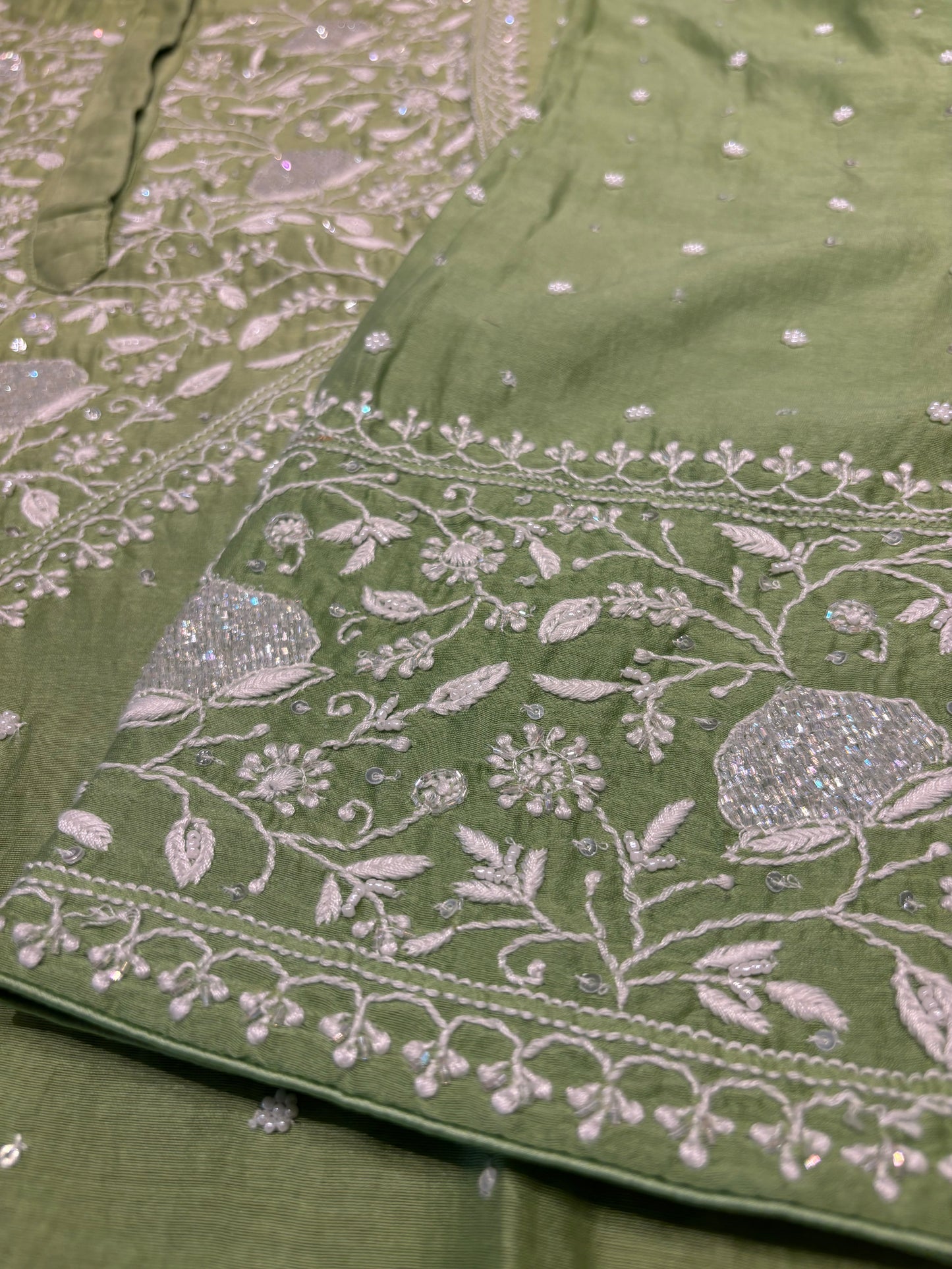 Green Chanderi Silk Chikankari Kurta and dupatta