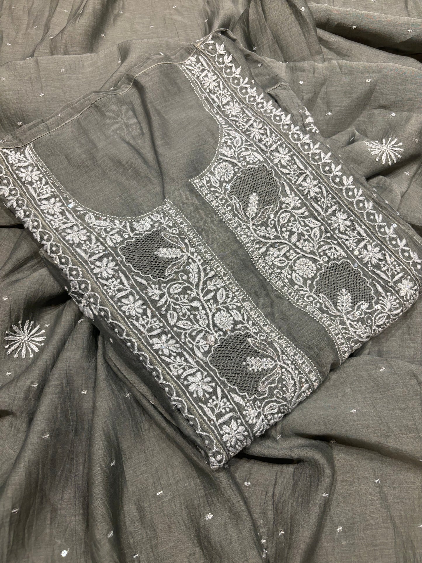 Desert Sage Chanderi Mul Chikankari Kurta and Dupatta