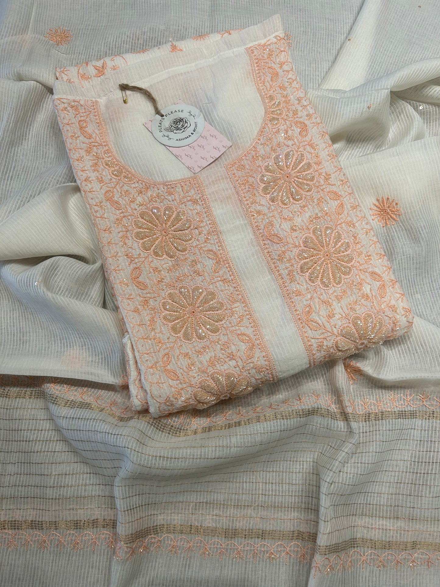 White Chanderi Maheshwari Chikankari Kurta and Dupatta