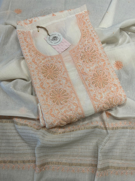 White Chanderi Maheshwari Chikankari Kurta and Dupatta