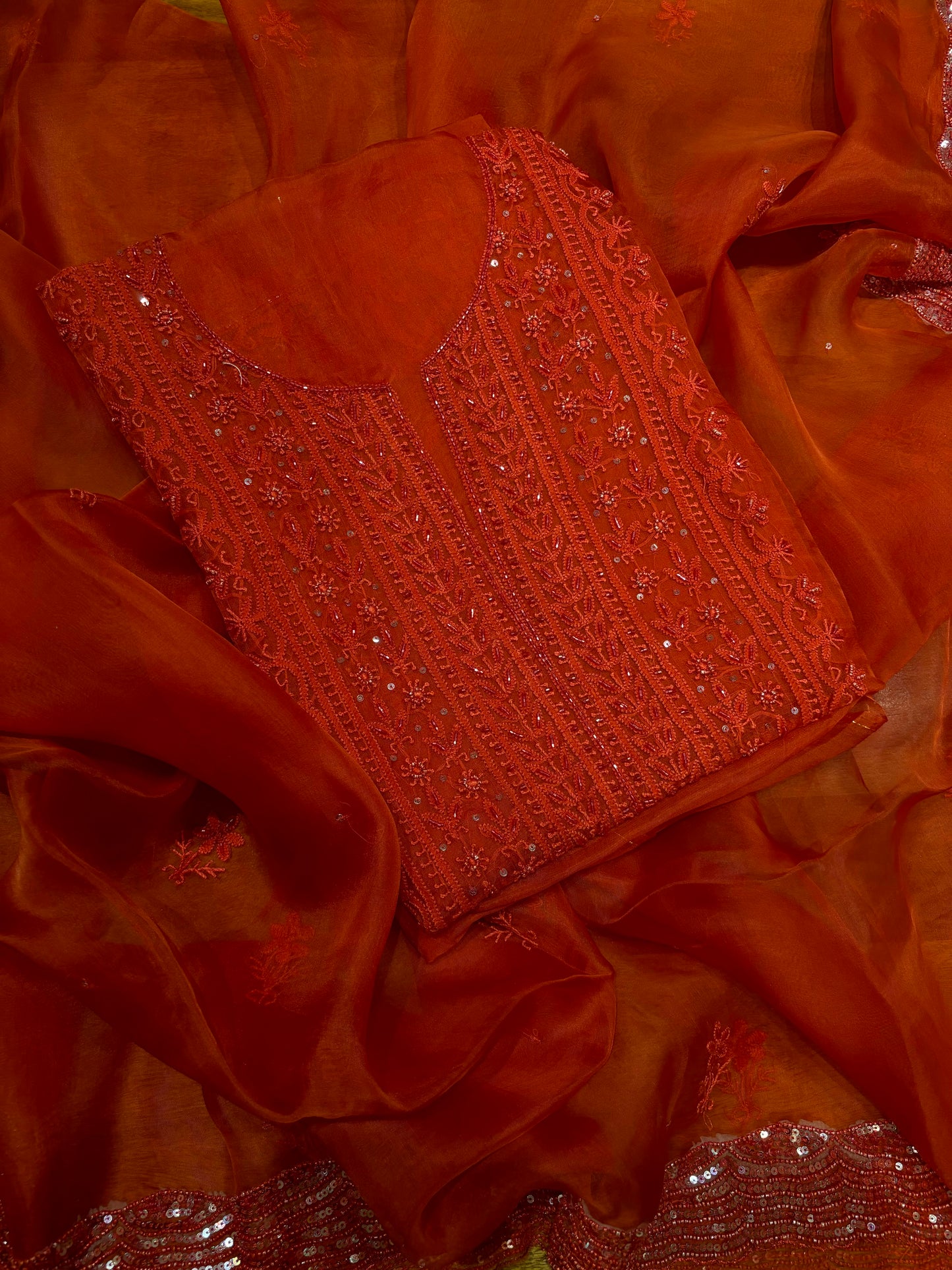 Red Organza Silk Chikankari Kurta and Dupatta Fabric