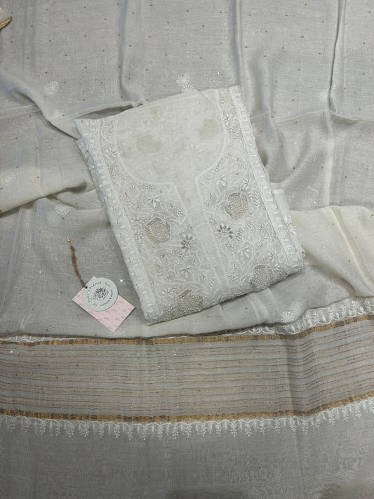 Dyeable Chanderi Mul Chikankari Kurta and Dupatta Fabric
