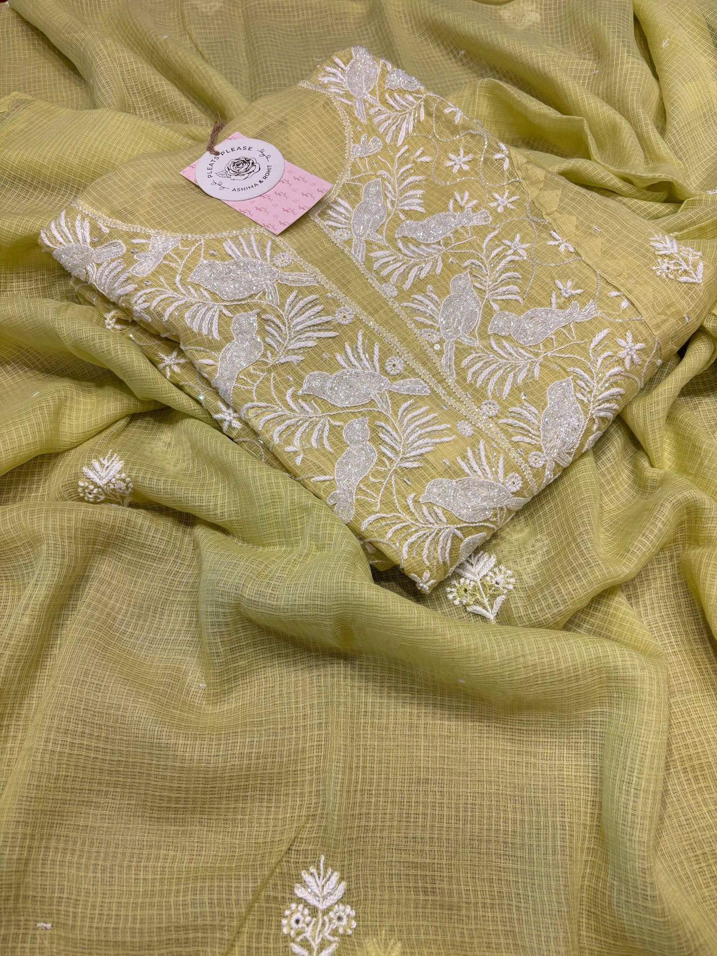 Mint Green Kota Doria Chikankari Kurta And Dupatta Set