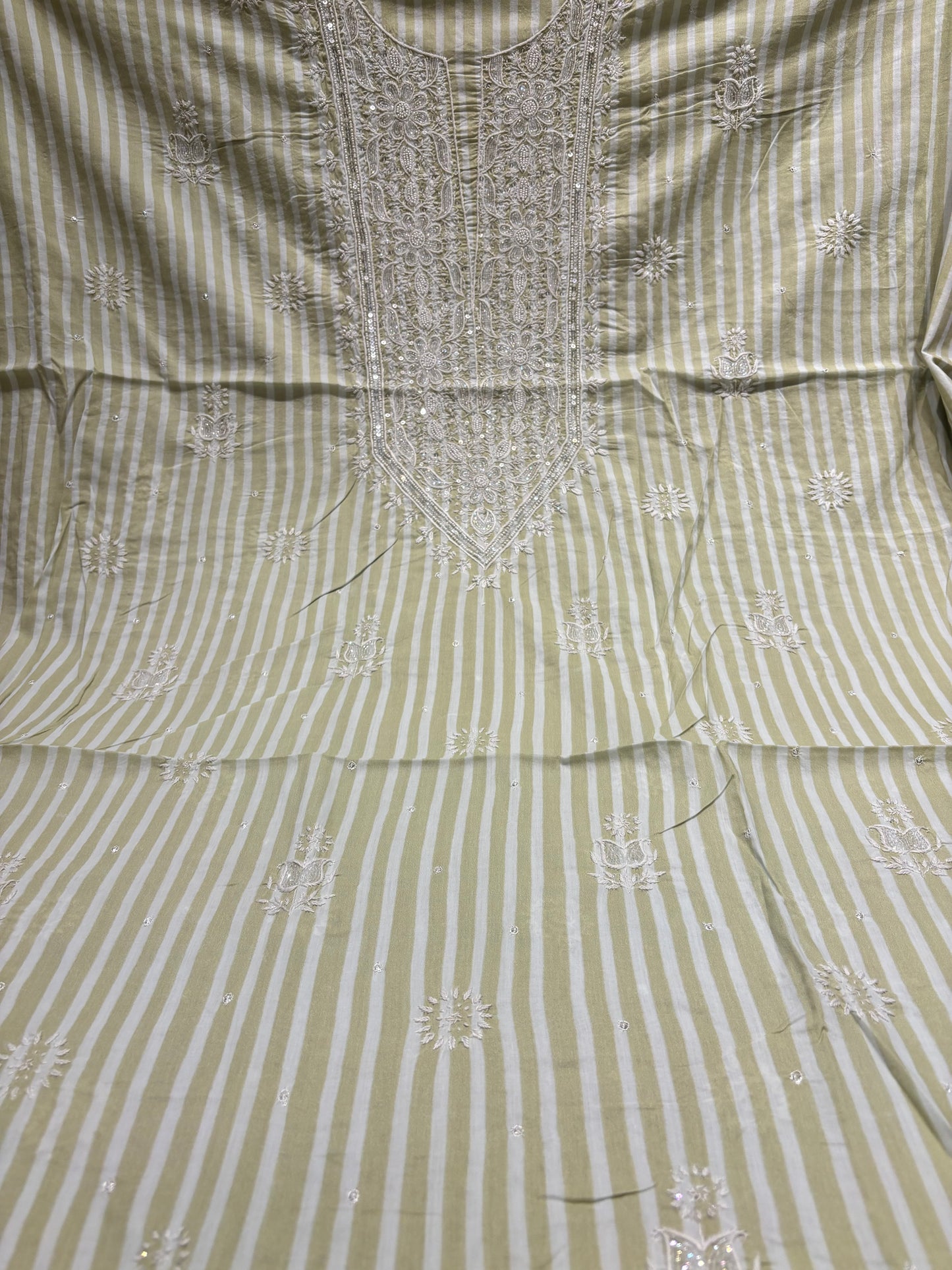 Tea Green Stripe Mul Chikankari Kurta Fabric