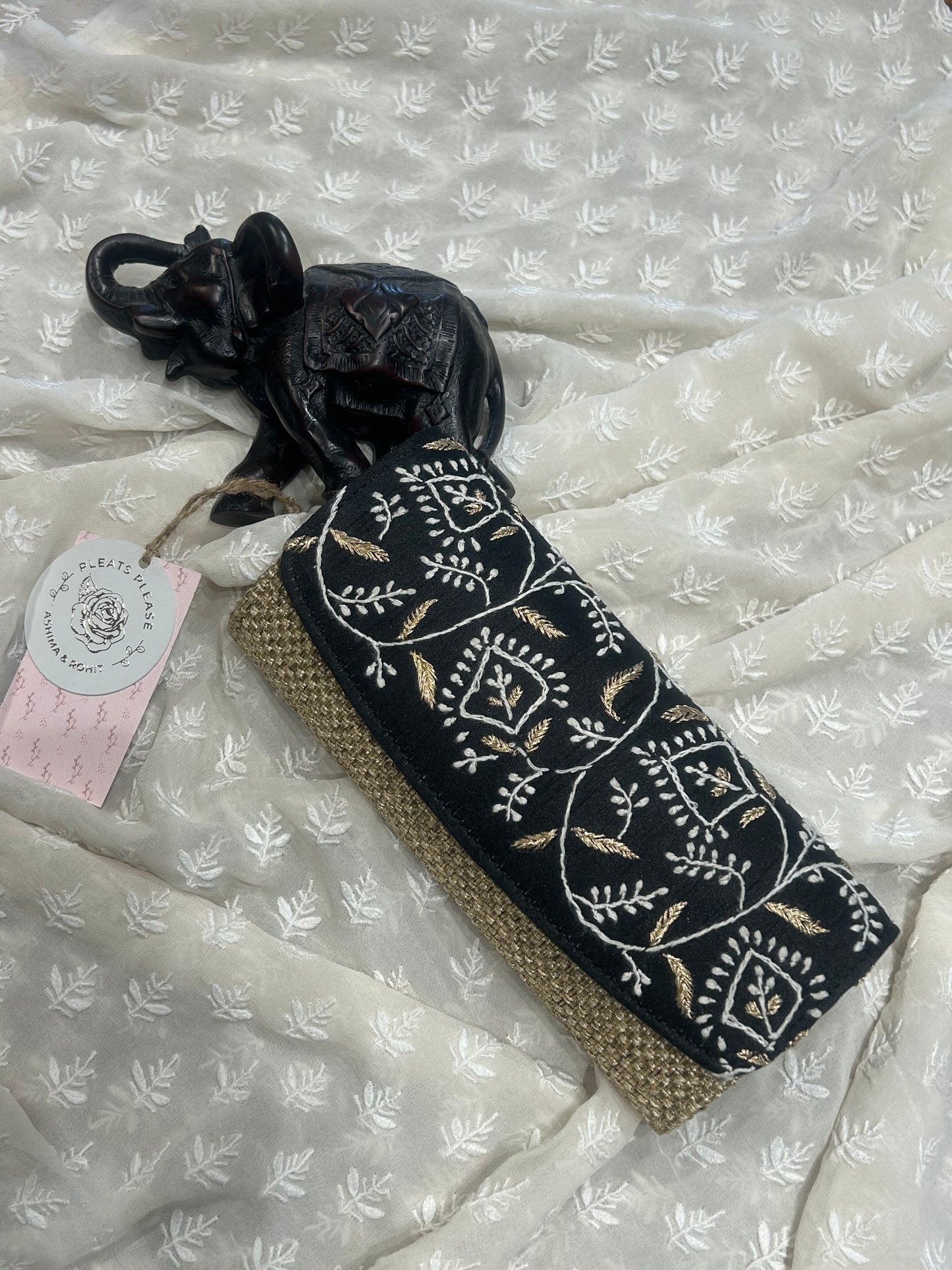 Black Silk Chikankari Clutch Jute Bag