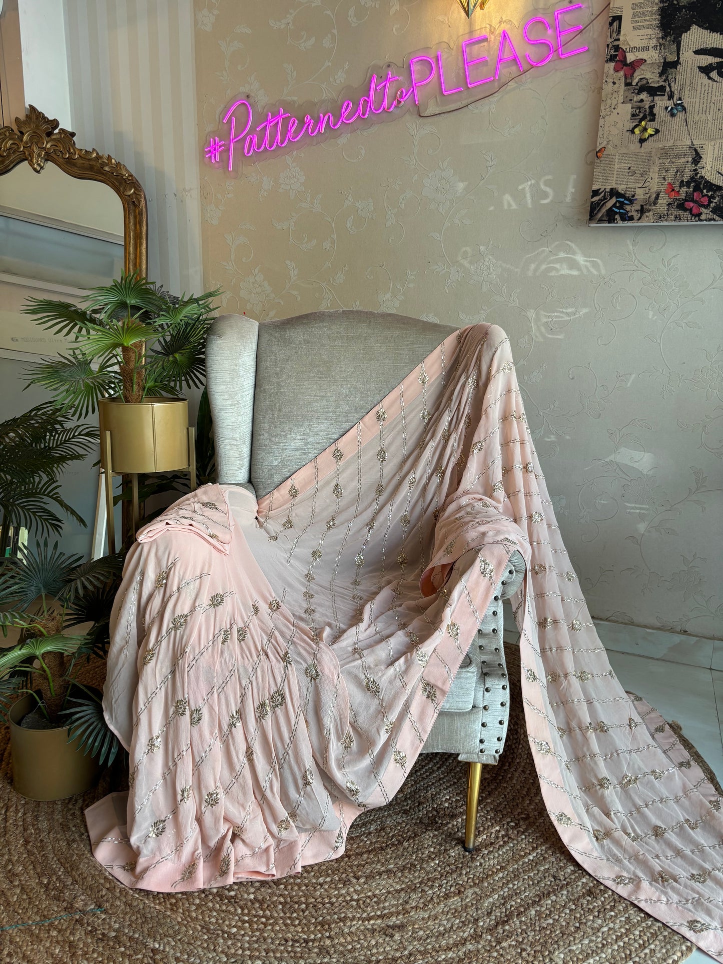 Nude Peach  Pure Georgette Badla Saree and Blouse