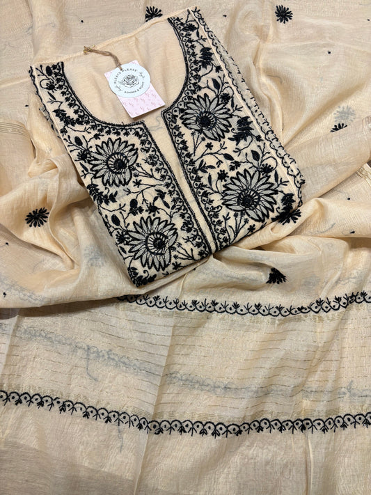 Beige Chanderi mul Chikankari kurta and Dupatta