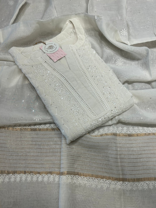 Dyeable Chanderi mul Chikankari Kurta and Dupatta Fabric
