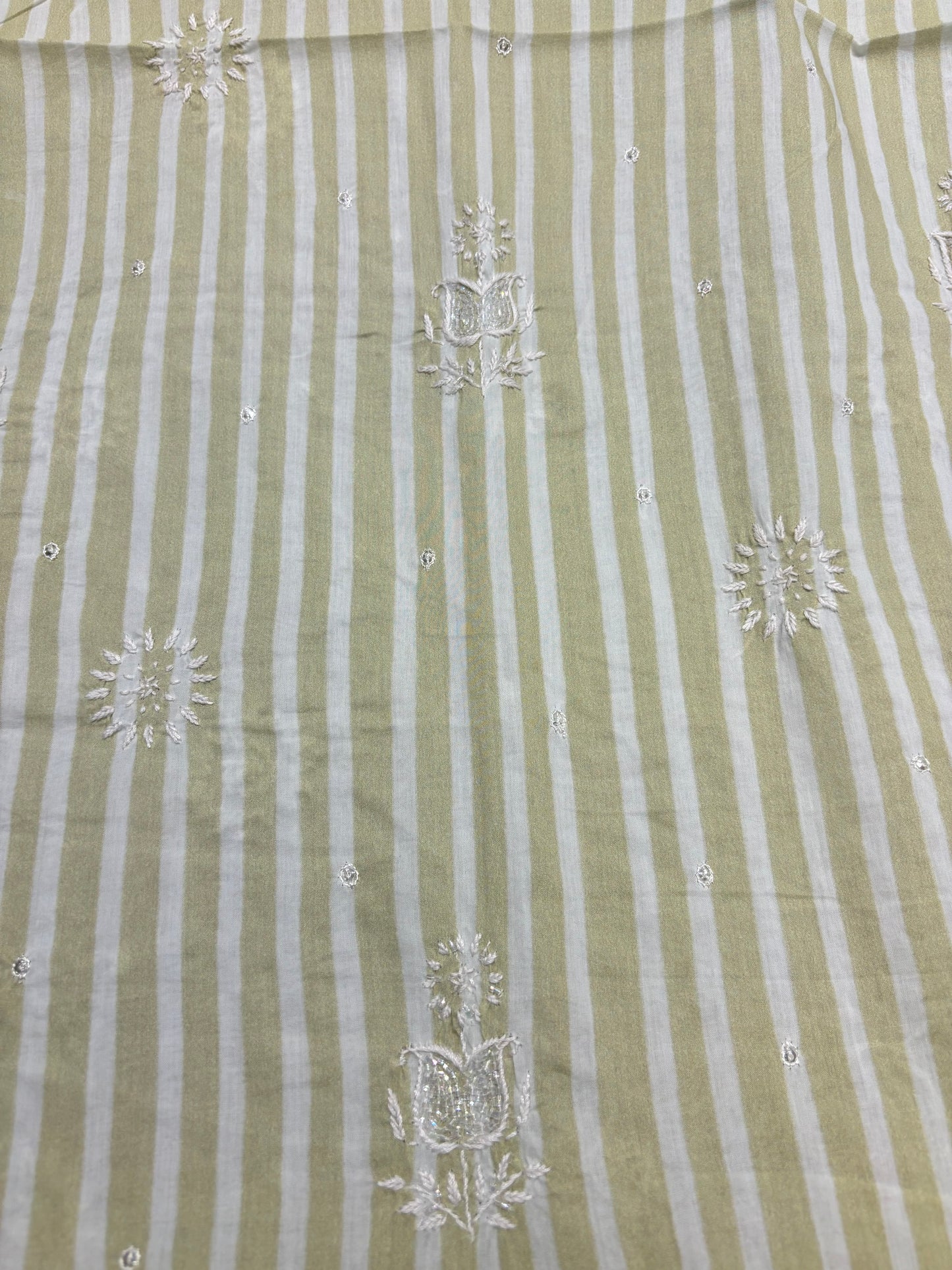 Tea Green Stripe Mul Chikankari Kurta Fabric