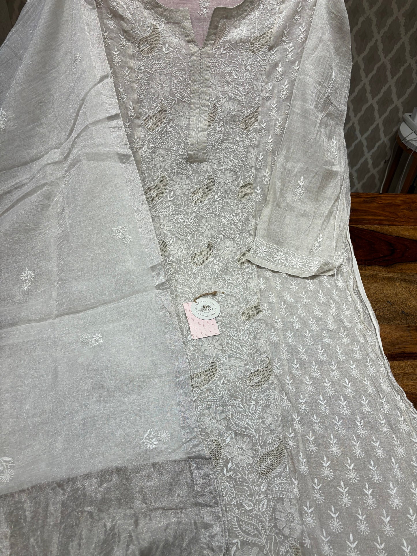 Dyeable pure silver tissue straight kurta and dupatta set