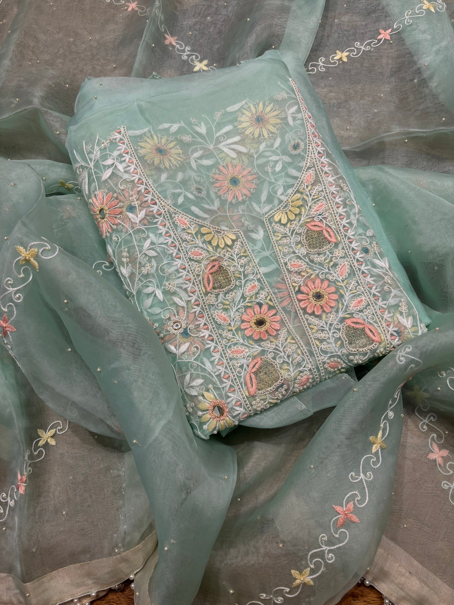 Sea Green Organza Silk Chikankari Kurta and Dupatta Fabric