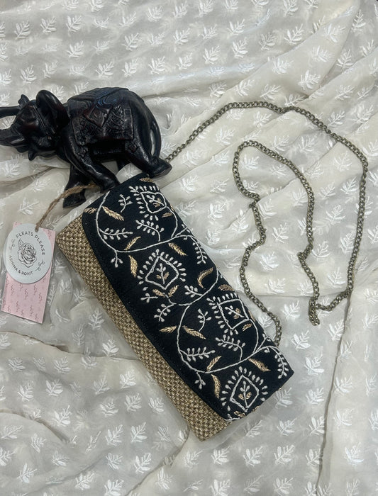 Black Silk Chikankari Clutch Jute Bag