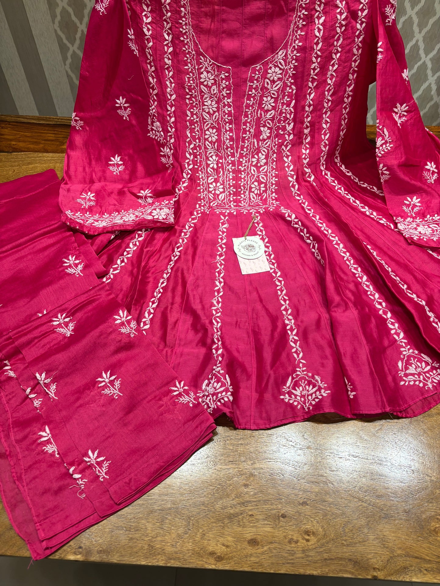Fuchsia Pink Chanderi Silk Chikankari  Co-ord Set
