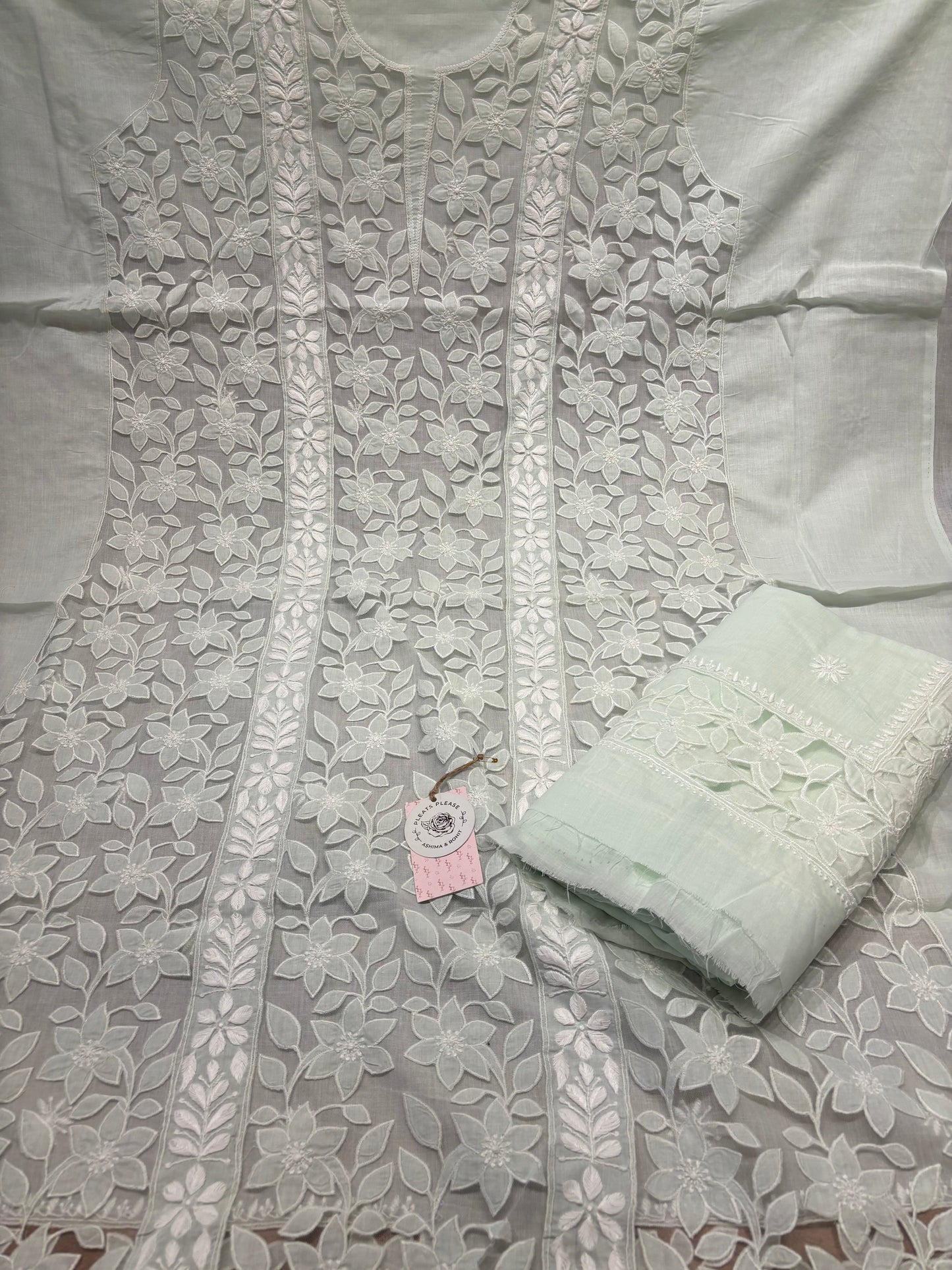 Sage Green Mul Soft Net Applique Chikankari Kurta and Dupatta Fabric