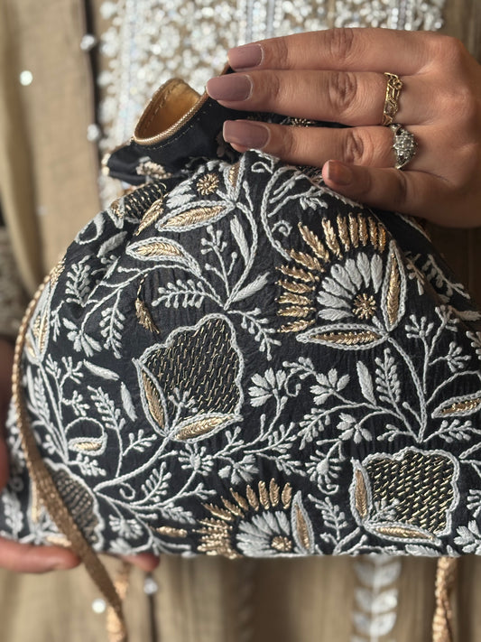 Black Silk Chikankari Potli