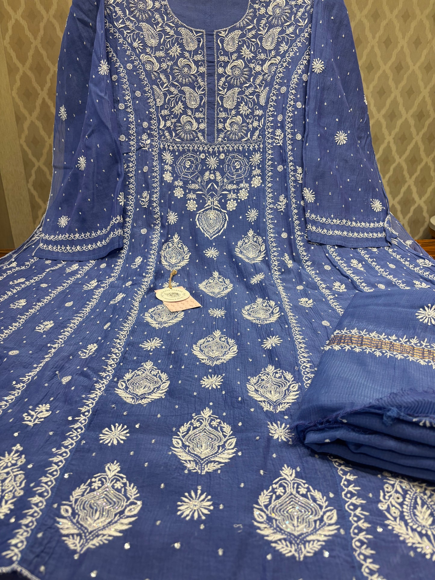 Blue Chanderi Mul Chikankari Anarkali and Dupatta