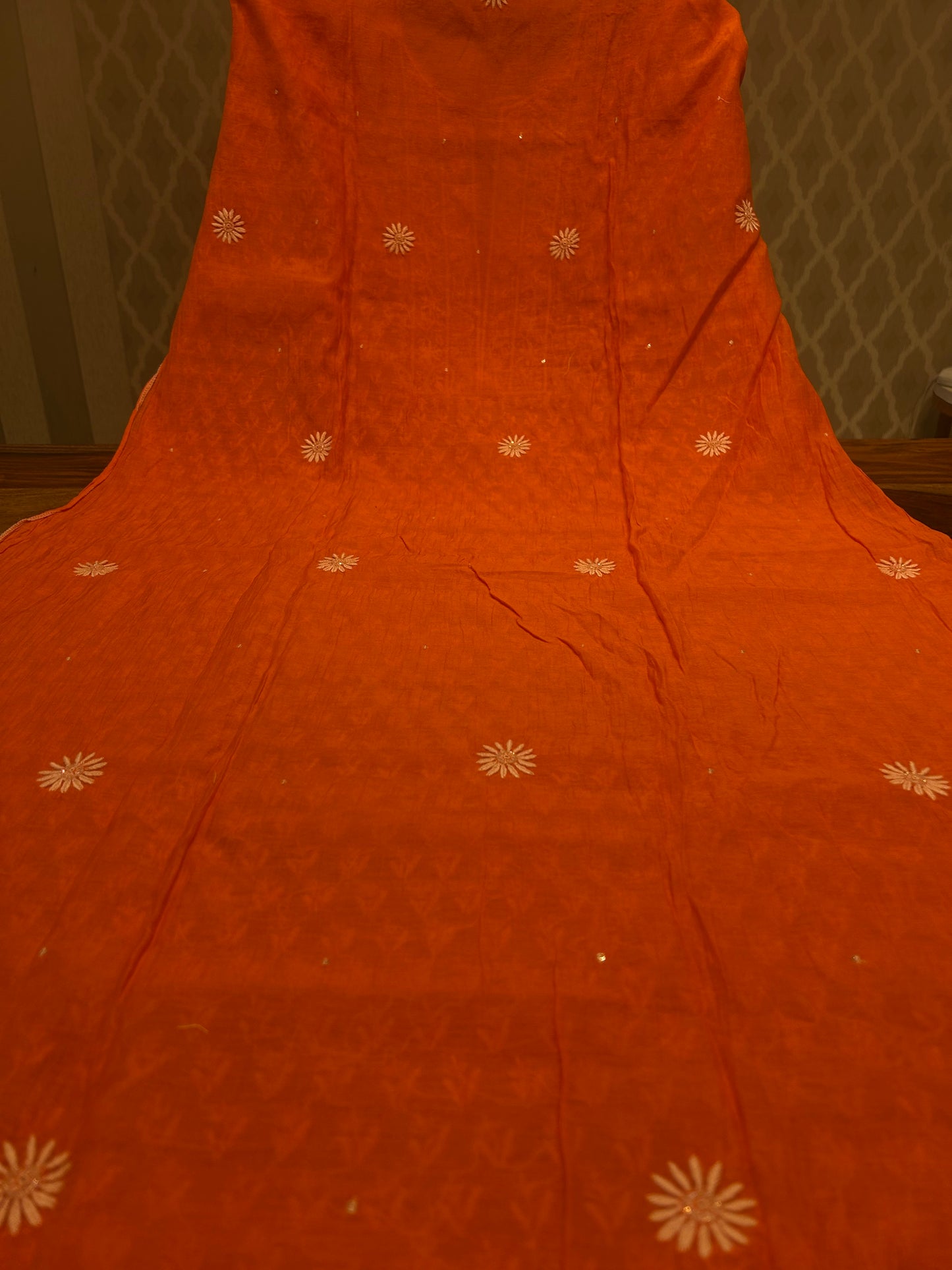 Carrot Orange Chanderi Mul Chikankari Kurta and Dupatta