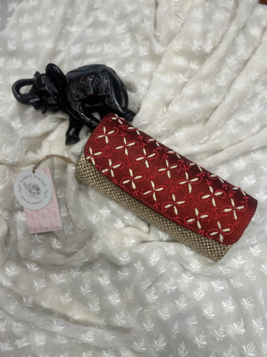 Sangria Red Silk Chikankari Clutch Jute Bag