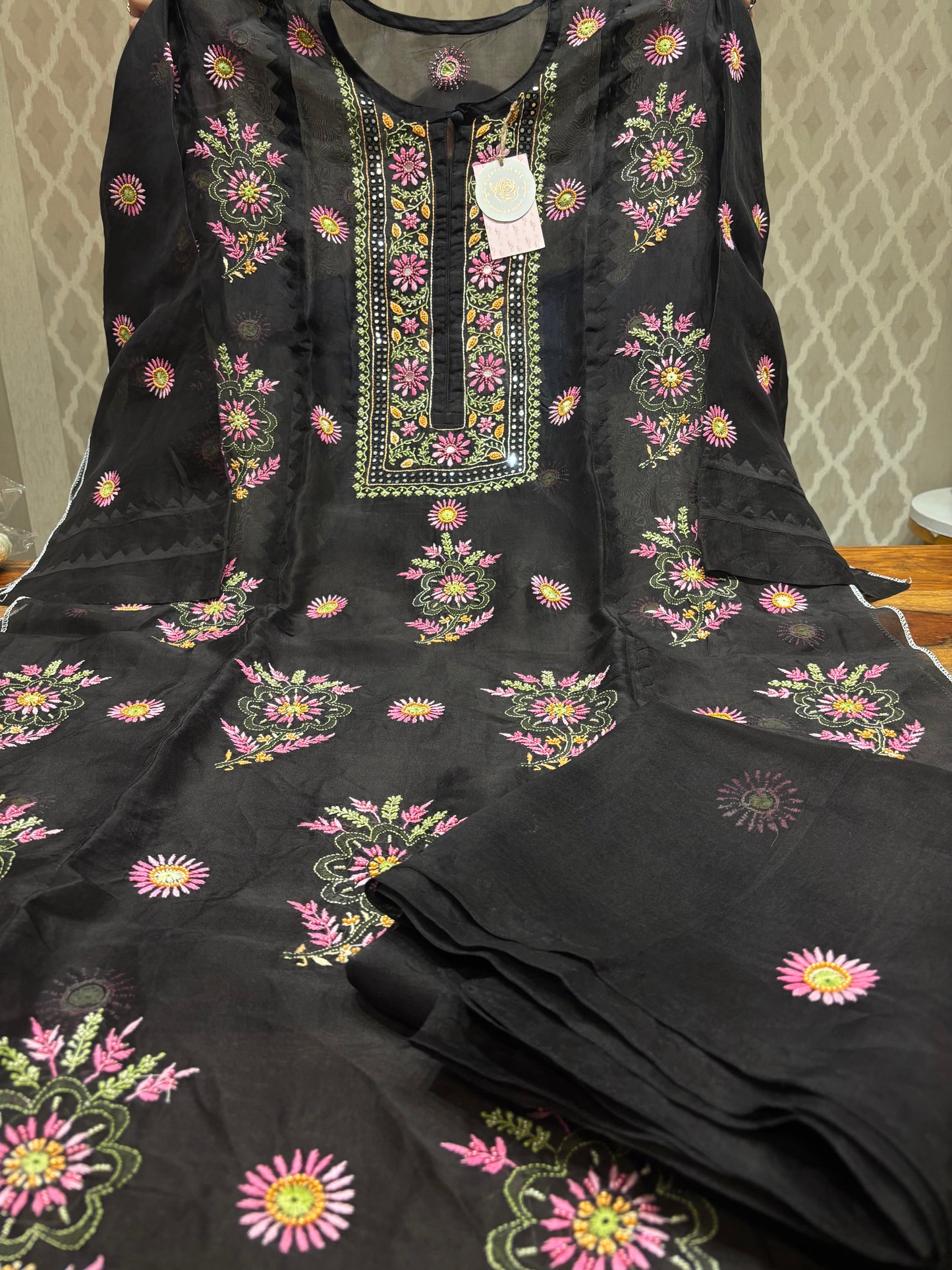 Black Organza Silk Chikankari Kurta and Dupatta