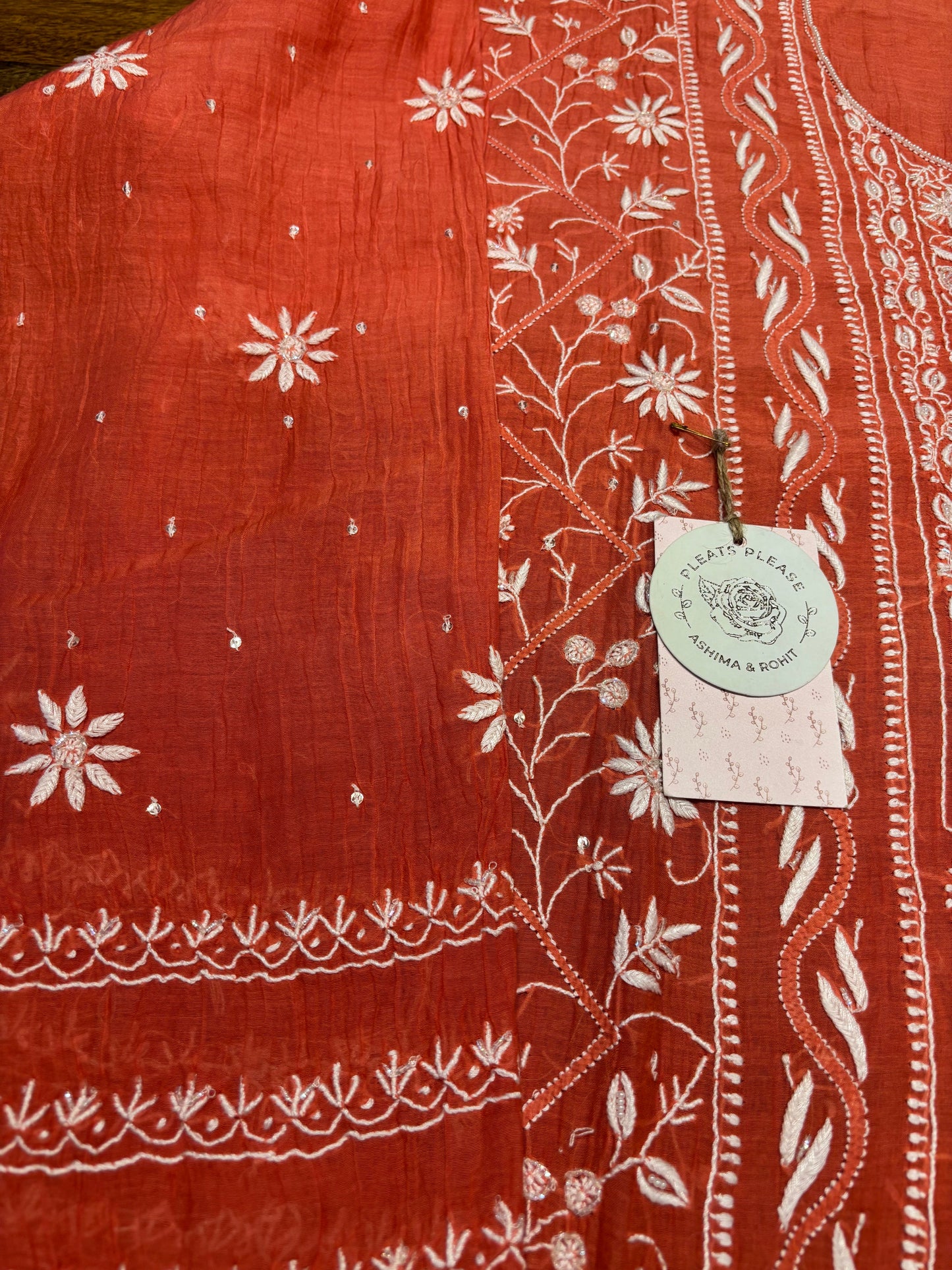 Rust Orange Chanderi Mul Chikankari Kurta And Dupatta Set